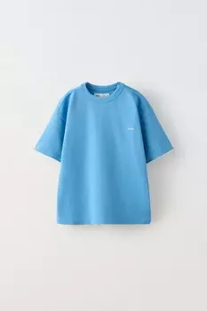 Тяжелая вышитая футболка ZARA, средне-синий