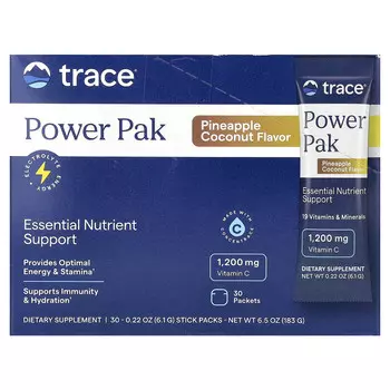 Trace, PowerPak, электролит для повышения выносливости, ананас и кокос, 30 пакетиков, по 6,1 г (0,22 унции)