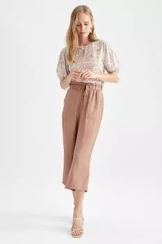 Традиционные капри с широкими штанинами и высокой талией, широкие льняные капри DeFacto, коричневый