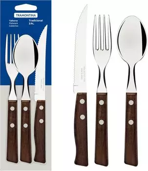 Tramontina Традиционные сверхмощные ножи для стейка с ручкой из натурального дерева 8,3 дюйма, столовая вилка 7,5 дюйма и столовая ложка 7,5 дюйма Набор из 3 3 термообработанных ножей Легкий вес, сделано в Бразилии 22299/001 TRAMONTINA, Tree