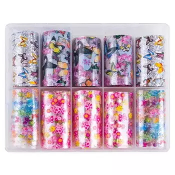 Трансферная фольга Бабочки - фольга для декорирования гибридными лаками, УФ-гелями и акрилом Узор XKZ-09-01 (10 рулонов), AlleBeauty