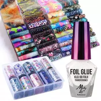 Трансферная фольга в коробке 10 рулонов (на выбор) + клей для фольги Molly Lac 10мл, AllePaznokcie