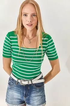 Травяно-зеленая трикотажная блузка с квадратным вырезом в полоску и короткими рукавами Olalook, зеленый
