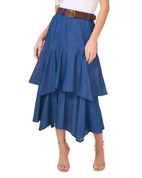 Трехъярусная джинсовая юбка миди с поясом CeCe, синий