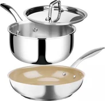 Трехслойная кастрюля Duxtop из нержавеющей стали с крышкой, 3 литра, 8-дюймовая сковорода с антипригарным покрытием с керамическим покрытием, индукционная посуда