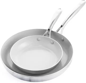 Трехслойная нержавеющая сталь Green Life с керамическим антипригарным покрытием, набор сковород 8 и 11 дюймов, без ПФАС, многослойное покрытие, индукционная, можно мыть в посудомоечной машине, можно использовать в духовке, серебристый GreenLife,...