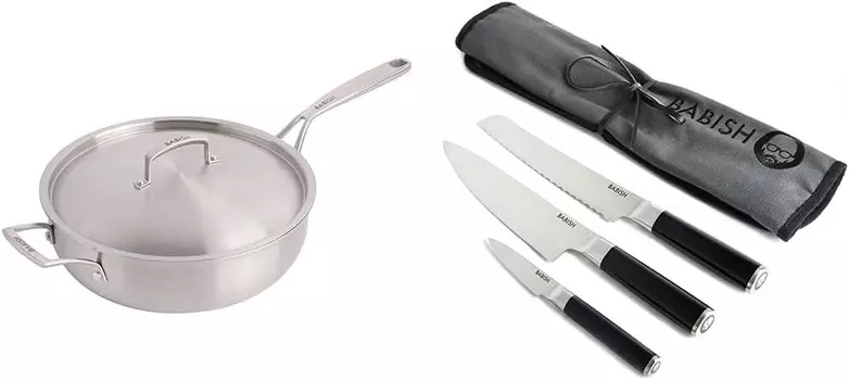 Трехслойный сотейник Babish из нержавеющей стали профессионального класса с крышкой, 5 литров, столовые приборы из немецкой высокоуглеродистой стали 1.4116, 3 предмета с роликом для ножей