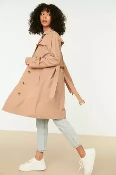 Тренч - Коричневый - Двубортный Trendyol, коричневый
