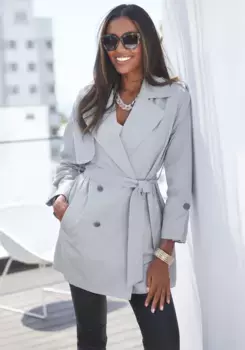 Тренч LASCANA (с поясом), короткий фасон, современное полупальто с карманами, серый