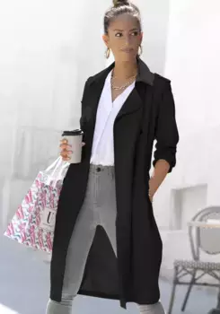 Тренч LASCANA (с поясом), регулируемый, легкое женское пальто, повседневный шик, черный