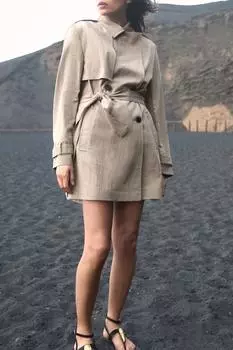 Тренч с поясом длиной до колен ZARA, кэмел