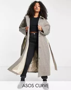 Тренч в каменную клетку ASOS DESIGN Curve