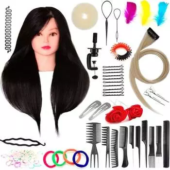 Тренировочная головка Ela 55 см черная, натуральные волосы + ручка, парикмахерская насадка для расчесывания, насадка для упражнений, Calissimo