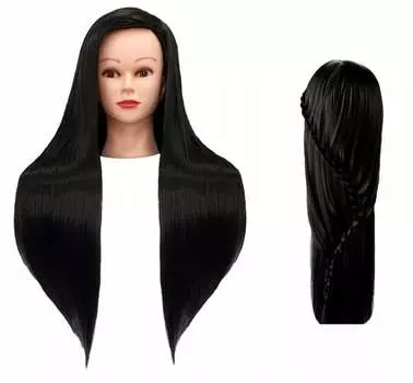 Тренировочная головка Iza 90 см черная, термоволосы + ручка, парикмахерская насадка для расчесывания, тренировочная насадка, Calissimo, черный