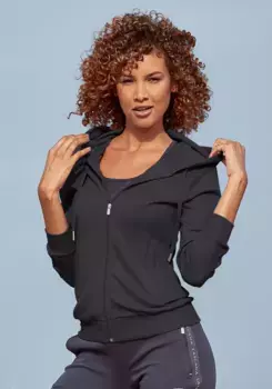 Тренировочная куртка LASCANA ACTIVE с капюшоном и лентой с логотипом на рукавах, черный