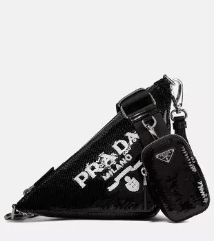 Треугольная сумка через плечо с пайетками Prada, Nero+Bianco