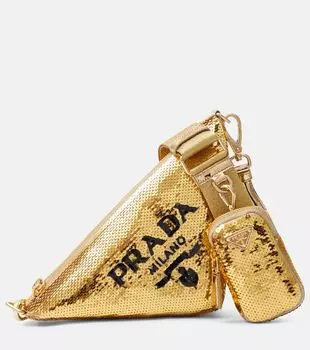 Треугольная сумка через плечо с пайетками Prada, Platino+Nero