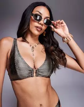 Треугольный бикини-топ Wolf & Whistle с золотой фурнитурой в черном и золотом цвете