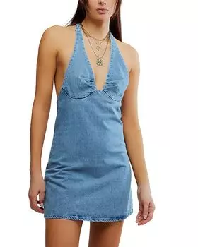 Треви Денимовый мини-платье-халтер с глубоким вырезом Free People, синий