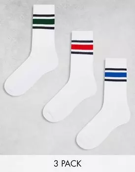 Три пары белых носков с разноцветными полосками ASOS DESIGN