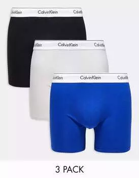 Три пары боксёрских трусов Calvin Klein чёрного, синего и серого цвета