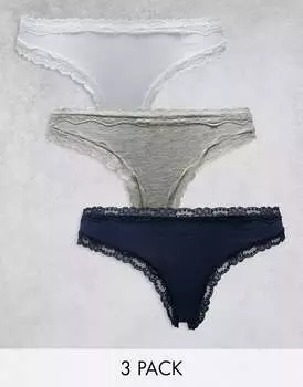 Три пары бразильских трусов из хлопка и кружева ASOS серого, белого и темно-синего цвета