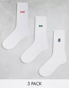 Три пары носков ASOS DESIGN с надписью «Поехали, круто!» и вышивка знака мира в белом цвете