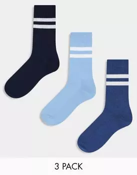 Три пары синих носков с полосками ASOS DESIGN