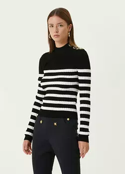 Трикотаж с металлическими пуговицами в черно-белую полоску Balmain
