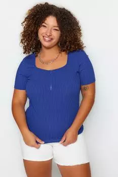 Трикотажная блузка с квадратным вырезом и молнией Saks Trendyol, синий