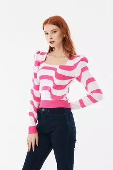 Трикотажная блузка с волнистым узором и рукавами арбуза Fullamoda, фуксия