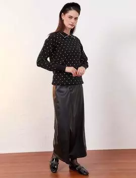 Трикотажная блузка с вышивкой в горошек Черный Оптический Белый Kayra