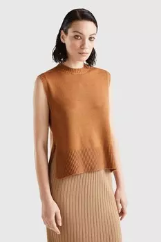 Трикотажная блузка в рубчик из смесовой шерсти Benetton, коричневый