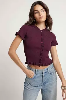 Трикотажная футболка бордового цвета с оборками River Island, красный