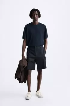 Трикотажная футболка из хлопка и шелка ZARA, темно-синий