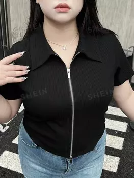 Трикотажная футболка на молнии Dazy Petite Plus Plus Dazy, черный