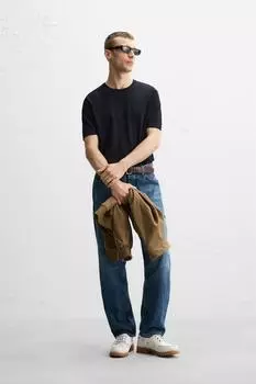 Трикотажная футболка обычного покроя ZARA, темно-синий