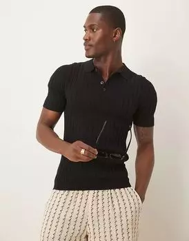 Трикотажная футболка-поло Muscle Fit Rib черного цвета ASOS DESIGN
