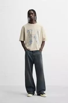 Трикотажная футболка с контрастным принтом ZARA, экрю