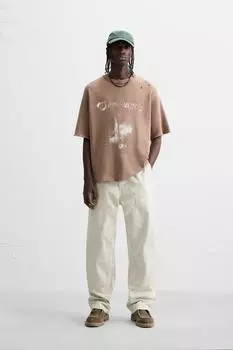 Трикотажная футболка с контрастным принтом ZARA, цвет Brick