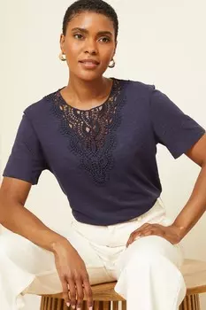 Трикотажная футболка с короткими рукавами и кружевной вставкой Love & Roses, синий