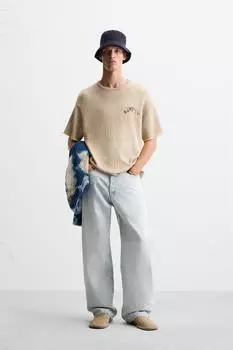 Трикотажная футболка с принтом слоган ZARA, экрю