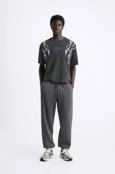 Трикотажная футболка с рельефным принтом ZARA, антрацитово-серый