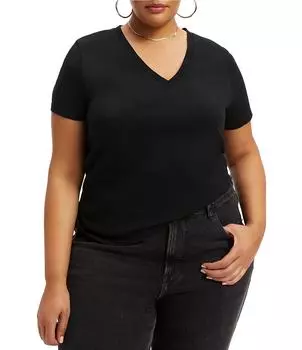 Трикотажная футболка свободного покроя с короткими рукавами и V-образным вырезом Good American Plus Size, черный