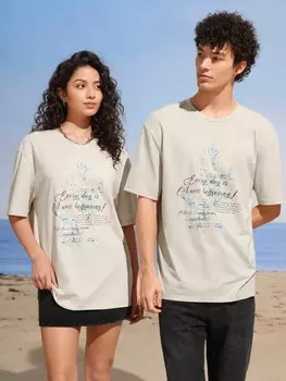 Трикотажная футболка унисекс Manfinity, повседневная, с надписью и цветочным узором, короткий рукав, абрикосовый цвет