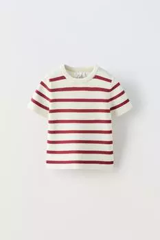 Трикотажная футболка в полоску ZARA, экрю/бордовый