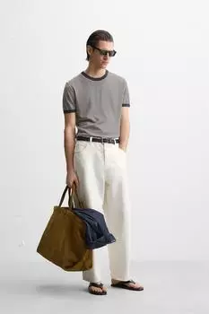Трикотажная футболка в полоску ZARA, цвет Brown/Taupe