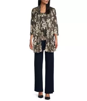 Трикотажная куртка цвета металлик с принтом и рукавами 3/4 с круглым вырезом Marina, комплект из двух предметов, цветочный