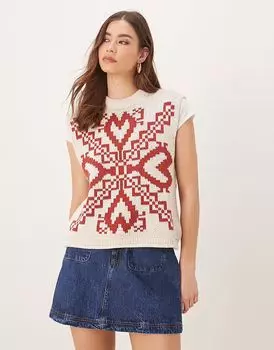Трикотажная майка ASOS DESIGN с круглым вырезом, фольклорным принтом и бахромой кремового цвета