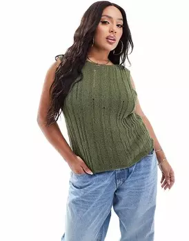 Трикотажная майка цвета хаки из пряжи букле с лесенкой ASOS DESIGN Curve
